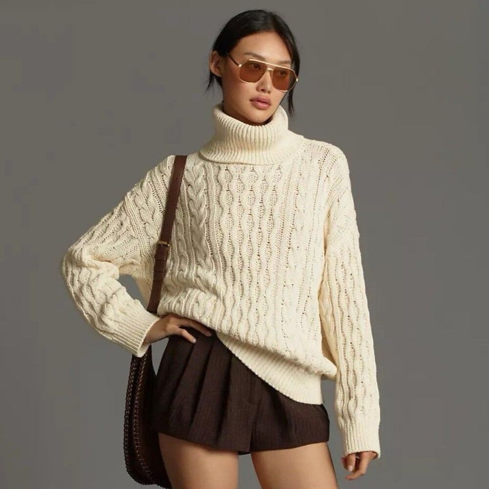 Pilcro Oversized Turtleneck Cable-Knit Chunky Fisherman Sweater Cream Size Small